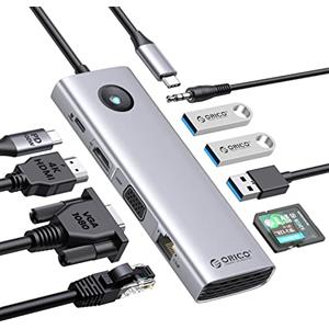 ORICO USB C Docking Station, ORICO 10 in 1 USB 3.0 Hub per laptop con HDMI 4K, VGA, 3 USB 3.0, PD 100W, SD/TF, audio da 3,5 mm, Gigabit Ethernet, multiport adattatore per Windows Mac (Argento)