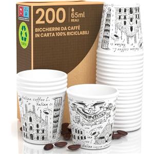 Baciato Caffè 200 Bicchierini in Carta da caffè 65ml Italy White Bicchieri Ecologici Biodegradabili Monouso Piccoli Asporto Bevande Calde