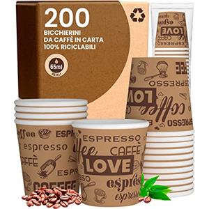 Baciato Caffè 200 Bicchierini in Carta da caffè 65ml LoveBrownCUP Bicchieri Ecologici Biodegradabili Monouso Piccoli Asporto Bevande Calde