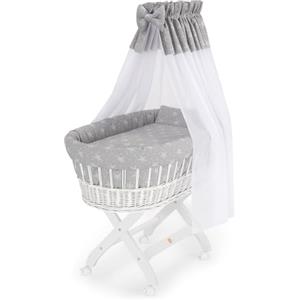 FabiMax Culla bianco con materasso CLASSIC, paracolpi, baldacchino e rivestimenti, stelle bianche su grigio