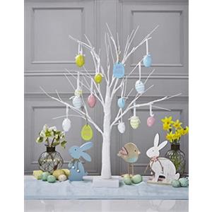 Celebright Albero di Pasqua con luci - Ramoscello di Pasqua bianco da tavolo da 60 cm - Preilluminato con 24 luci LED bianche calde, alimentato a batteria con funzione timer - Decorazioni incluse