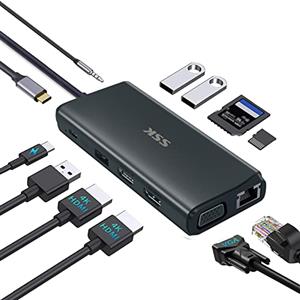 SSK Docking station USB C, 11 in 1 Triple Display Dock USB Dual con monitor HDMI 4K 30Hz, VGA, Ethernet, PD3.0, lettore di schede SD TF, adattatore 3 USB per MacBook Pro/Air (Thunderbolt 3) Typc C