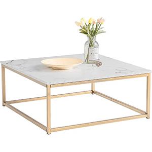 MEUBLE COSY Tavolino da Salotto con Effetto Marmo, Rettangolare, con Struttura in Acciaio, Bianco + Oro, 80 x 80 x 34 cm, Metallo, 80x80x34cm
