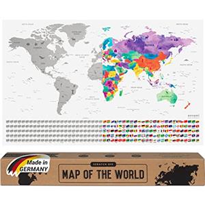 envami® Mappa del Mondo da Grattare - 68 X 43 CM - idee regalo - mappamondo da grattare con bandiere - scratch off map - mappa da grattare - cartina mondo da grattare - argento inglese
