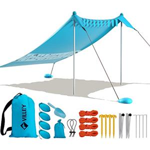 VILLEY Tenda da Spiaggia Lycra 2,1m x 2,4m, Tenda Parasole da Spiaggia con Kit di Fissaggio, Protezione UV UPF50+, Adatto per Spiaggia, Campeggio, Pesca (Blu)