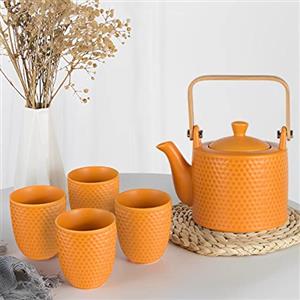 KOPYFANTAP Servizio da tè in Ceramica per Adulti，Teiera con Tazze Set in Giapponese con 1 Servizio da Teiera 900ml, 4 Tazze da tè 180ml，1 Colino，Arancione