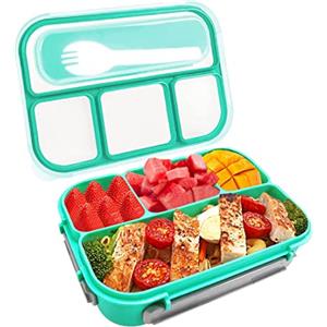 Meschett Bento Lunch Box per bambini,Pranzo al sacco per adulti a 4 scomparti con cucchiaio,contenitori per il pranzo a prova di perdite da 1300 ml per scuola,lavoro e viaggi,senza BPA (Verde)