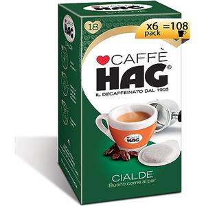Caffé HAG Hag - Caffè in Cialde ESE Decaffeinato - Miscela Espresso per Macchina Portafiltro Monodose - Caratterizzato da un Aroma e Gusto Delicati - Contiene 6 confezioni da 18 cialde (Totale 108 cialde)