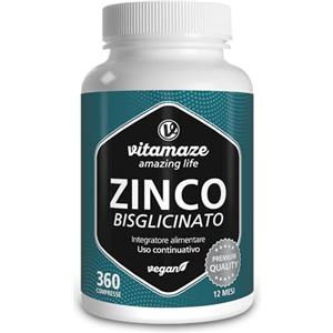Vitamaze - amazing life Vitamaze® Zinco Integratore 25 mg per Compresse (Scorta 1 Anno) di Zinco Bisglicinato Elementare Puro, 360 Compresse, Altamente Biodisponibile per Pelle, Capelli, Senza Additivi, Qualità Tedesca.