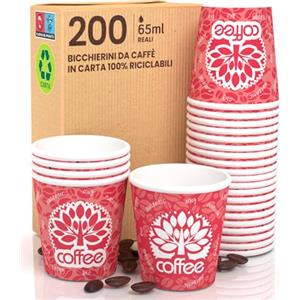 Eurocali 200 Bicchierini in Carta per caffè 65ml Red Forest Bicchieri Ecologici Biodegradabili Monouso Piccoli Asporto Bevande Calde