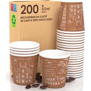 Eurocali 200 Bicchierini in Carta per caffè 65ml Italy Brown Bicchieri Ecologici Biodegradabili Monouso Piccoli Asporto Bevande Calde