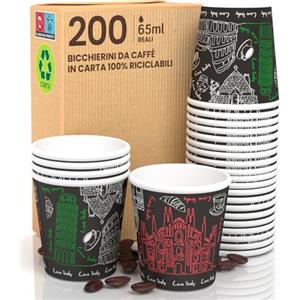 Eurocali 200 Bicchierini in Carta per caffè 65ml Italy Black Bicchieri Ecologici Biodegradabili Monouso Piccoli Asporto Bevande Calde