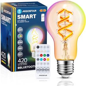 Aigostar Lampadine Intelligente Bluetooth Mesh A60, Vintage Edison Lampadina Smart LED RGB 4.9W Equivalenti a 36W 420LM Luce Calda 2700K Dimmerabile, Compatibile Con Alexa, 1 Pezzi(Con Telecomando)