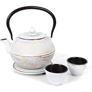 ECHTWERK Servizio da tè in ghisa, teiera da 1,1 l, con colino rimovibile, teiera con sottobicchiere e 2 tazze da tè, set da teiera vintage per preparare tè sfuso, crema