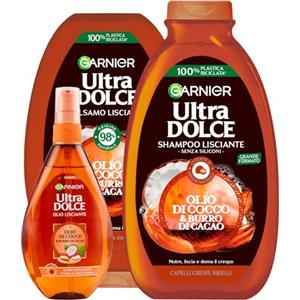 Garnier Ultra Dolce Shampoo + Balsamo + Olio Spray Lisciante per Capelli Crespi e Ribelli Olio di Cocco e Burro di Cacao Districante Anti-Crespo con Ingredienti di Origine Naturale - 3 Prodotti