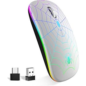SZO Mouse Wireless Ricaricabile con Convertitore USB e Tipo-C,RGB a 7 Colori,Portatile e Precisione Regolabile (800/1200/1600),Argenteo