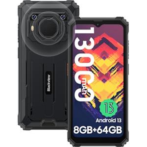 Blackview BV6200 Android 13 Rugged Smartphone, 6.56''HD+, 13000mAh/18W, 8GB+64GB((1TB TF), 13MP+8MP, 98dB Microfono/Google Lens/OTG Ricarica Inversa/Face ID/Modalità Guanto/4G, Nero