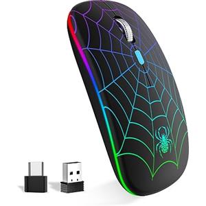 SZO Mouse Wireless Ricaricabile con Convertitore USB e Tipo-C,RGB a 7 Colori,Portatile e Precisione Regolabile (800/1200/1600),Nero