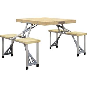 Outsunny Tavolo da Picnic Pieghevole con Sedie Integrate, Tavolino da Campeggio Portatile con Foro per Ombrellone in Alluminio e Legno