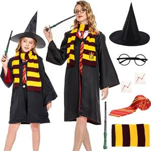 Hereneer Halloween Costume di Wizard, Cosplay da Mago, Costumi Mantello per Bambini con Cravatta Occhiali Sciarpa Bacchetta Cappello per Bambini Adulti Halloween Carnevale Feste