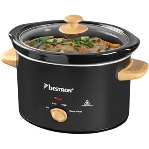 Bestron Slowcooker per 4 persone, con padella in ceramica e coperchio in vetro, termostato a 3 livelli, ideale per molti piatti come carne, zuppe e verdure, 3,5 litri, nero e legno, colore: nero/legno