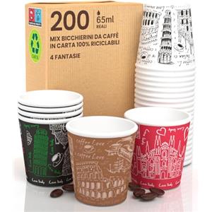 Eurocali 200 Bicchierini in Carta per caffè 65ml MIX Italy Bicchieri Ecologici Biodegradabili Monouso Piccoli Asporto Bevande Calde