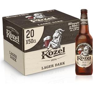 Kozel Birra Lager Dark, Cassa Birra con 20 Birre in Bottiglia da 50 cl, 10 L, Gusto Morbido e Rinfrescante, Gradazione Alcolica 3.5% Vol