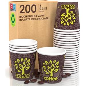 Eurocali 200 Bicchierini in Carta per caffè 65ml Brown Forest Bicchieri Ecologici Biodegradabili Monouso Piccoli Asporto Bevande Calde