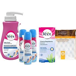 FGC VEET Kit Depilazione Pelli Sensibili : Silk & Fresh Crema Depilatoria Corpo - Crema Depilatoria Spray x3 - Crema Depilatoria Ascelle e Bikini + Guanto