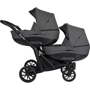 BBtwin.es Passeggino gemellare Trio. 2 navicelle + 2 passeggini + 2 ovetti + accessori. Grigio + pelle nera. BBtwin