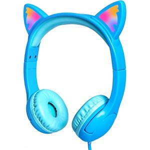 Olyre Cuffie per bambini,cuffie per ragazze,orecchie di gatto,LED si illuminano volume sicuro limitato 85dB per bambini cablate sull'orecchio auricolari/scuola/viaggi-blu