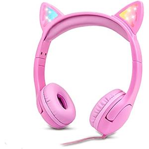 Olyre Cuffie per ragazze con luci a LED orecchie di gatto 85db Protezione dell'udito Cuffie per bambini jack da 3,5 mm sopra l'orecchio - rosa