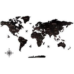Creawoo Mappa del Mondo in Legno da Parete Decorazione, Nero Mappamondo in Legno Parete Puzzle Arte per Soggiorno, Ufficio, Camera Decorazione -100x57 CM