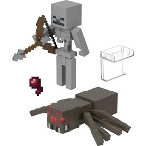 Mattel Minecraft - Set da 2 personaggi Scheletro Guerriero e Ragno, action figures alte 8+ cm con 2 accessori inclusi, design pixelato ispirato al videogioco, giocattolo per bambini, 6+ anni, HLB29