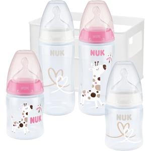 NUK First Choice+ biberon Starter Set | 0-6 mesi | 4 bottiglie con controllo della temperatura e scatola porta-biberon | Valvola anti-coliche | Senza BPA | giraffa rosa | 5 pezzi