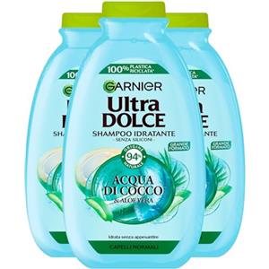 Garnier Ultra Dolce Shampoo Idratante per Capelli Normali con Acqua di Cocco e Aloe Vera Detergente Delicato Formula Leggera con Ingredienti 94% di Origine Naturale - 3 Flaconi da 400ml