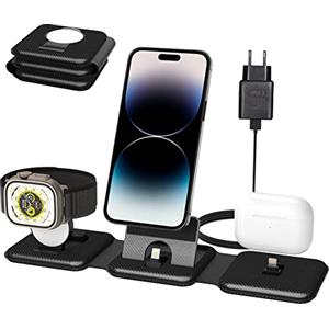 SPGUARD Caricatore Apple Stazione di Ricarica da Viaggio Multipla 3 in 1 Compatibile per iPhone 14/13/12/Pro/Max,iWatch 9/Ultra 2/8/7/6/5/4/3/2,Air-Pods 3/2/Pro (Adattatore Incluso)-Nero