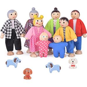 Aolso Casa delle Bambole Famiglia Bambole, 8 Pezzi Famiglia delle Bambole in Legno con 4 Cuccioli, Dollhouse Famiglia Persone Figure per Finta Casa delle Bambole Accessori Regalo