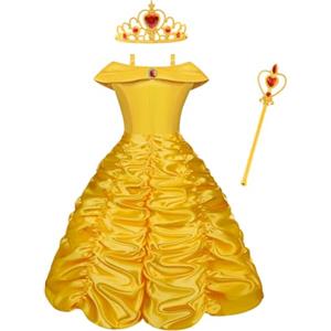 Vicloon Belle Cosplay Costume, Principessa Belle Carnevali Costume Vestito da Ragazza con Principessa Corona, Principessa Bacchetta, Festa di Compleanno Natale Holloween Cosplay Party, 130CM