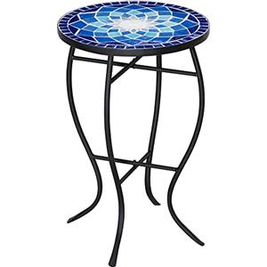 Outsunny Tavolino da Giardino Rotondo in Metallo con Piano in Ceramica, Design a Mosaico, Ф35.5x53.5cm, Blu e Bianco