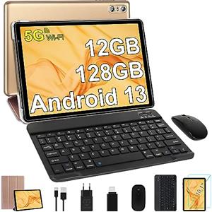 SEBBE Tablet 10 Pollici Android 13 Tablet 12GB RAM+128GB ROM (1TB TF), Tablets 5G WiFi Octa-Core 2.0 GHz, Google GMS/Widget/GPS/Bluetooth5.0/6000mAh/5+8MP, Tablet con Tastiera e Mouse - Oro