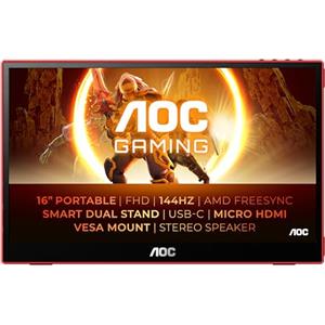 AOC 16G3 - Gaming Monitor Full HD da 16 pollici, portatile, FreeSync (1920x1080, 144 Hz, MicroHDMI 1.4, USB-C) nero-rosso