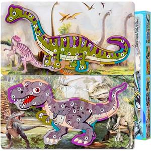 LEcylankEr Puzzle Bambini 2 3 4 Anni, Puzzle in Legno 26 Pezzi, Puzzle Dinosauri per Ragazzi e Ragazze (Tirannosauro + Dinosauro collo lungo)