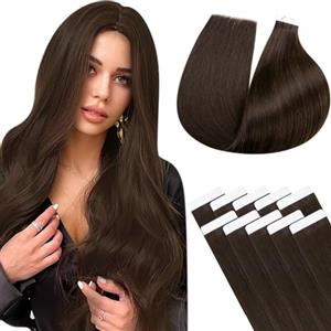 LaaVoo Extension Capelli Veri Biadesivo Marrone Cioccolato Extension Biadesive Capelli Veri Lisci Remy Tape in Hair Extensions 10pcs 45cm 25g #4