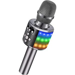 BONAOK Microfono Karaoke Wireless, Microfono Bambini Senza Fili Adulti con Altoparlante, Microfono Karaoke Player con Luci per Partito Compleanno Regalo Compatibile Android iOS PC (Spazio Grigio)