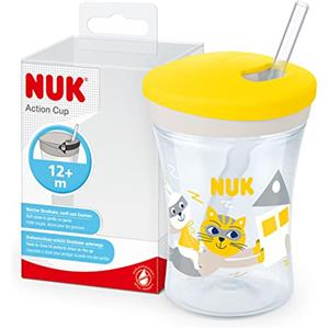 NUK 10255601, Action Cup bicchiere con morbida cannuccia riutilizzabile per bambini, 12+ M, Coperchio con chiusura ad avvitamento. A prova di perdite e lavabile, Senza BPA, 230ml, giallo