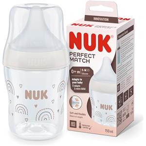 NUK biberon Perfect Match | 0+ Mesi | Si adatta al palato del bambino | Controllo della temperatura | Sfiato anti-colica | 150 ml | Senza BPA | Tettarella piccola in silicone | Arcobaleno
