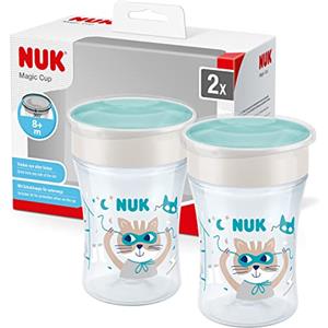 NUK 10255634 Magic Cup bicchiere antigoccia | Bordo anti-rovesciamento a 360° | 8+ mesi | Senza BPA | 230 ml | Gatto | Blu | 2 pezzi