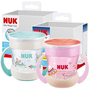 NUK Mini Magic Cup Night Bicchiere salvagoccia | Bordo 360° anti-rovesciamento | 6+ mesi | Si illuminano al buio | Impugnatura facile | Privo di BPA | 160 ml |rosa | 2 pezzi