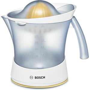 Bosch VitaPress MCP3500N, spremiagrumi a cono universale per frutta piccola e grande, controllo della polpa, alta resa, contenitore per succo da 0,8 l, lavabile in lavastoviglie, 25 W, bianco/giallo